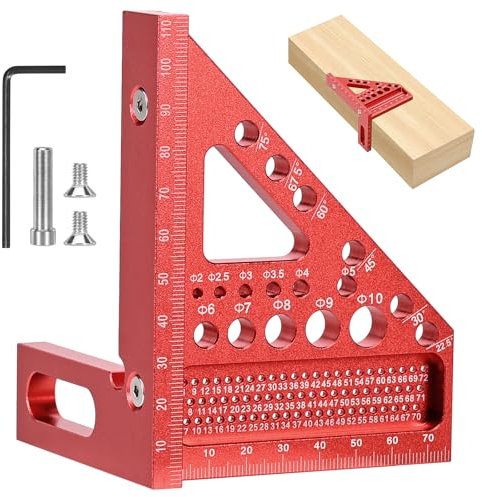 Regla de ángulo recto multifuncional 3D, transportador de ángulo de aleación de aluminio de alta precisión de 22,5-90°, regla cuadrada para carpintería con orificios de perforación(rojo)