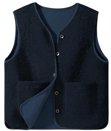 Yuson Girl Teddy Fleece Gilet for Women Sleeveless Autumn Winter Jackets Solid Color Faux Suede Bodywarmer Short Jacket Vest Coat Ladies Waistcoat Outerwear with Button and Pocket(Navy, XL)