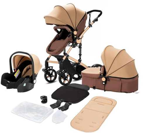 NADDLILY Kinderwagen 3 in 1, Kinderwagen 3 in 1 Komplettset mit Zubehör Hohe Landschaft, Buggy mit Umkehrbarem Zwei-Wege-Schub, Kinderwagens mit Faltbarem Tragbarem One-Click-Design (588 Khaki)
