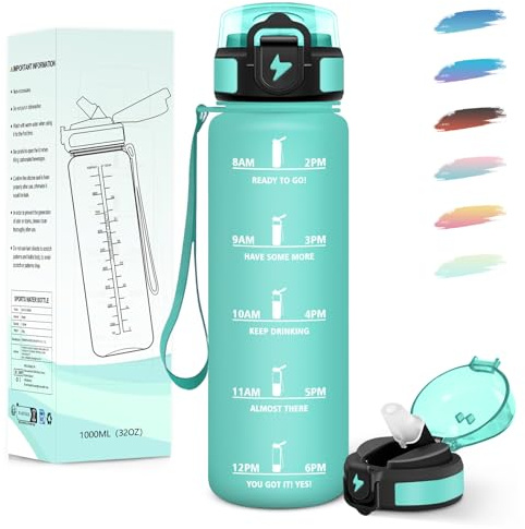 Motswedi Gourde 1l, avec Paille, Gourde Sport, Anti-Fuite, Bouteille, Réutilisable, Bouteille d'eau, avec Marqueur de Temps, pour Fitness, Yoga, Sport, Camping, Gym, Travail, Bleu Vert 3245C