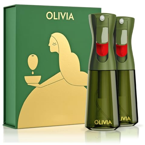 OLIVIA SIGNATURE Advanced Kitchen Oil Sprayer with Flairosol Technology, Fine Mist & Portion Control, Refillable Glass Olive Oil Cooking Spray Bottle for Air Fryer, Salad, BBQ, 2 Pack 200ml (Green)