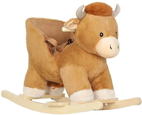 AIYAPLAY Baby Rocking Horse, Plush Ride on Cow Seat for Toddlers 1-3 Years with Song, Safety Belt, Wood Base, Animal Rocker for Children, Brown
