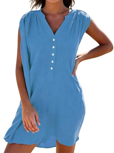 JFAN Camisolas Playa Mujer Verano Vestido de Playa Cuello V Camisa Sin Mangas Suelta de Bikini Cover Up Beachwear
