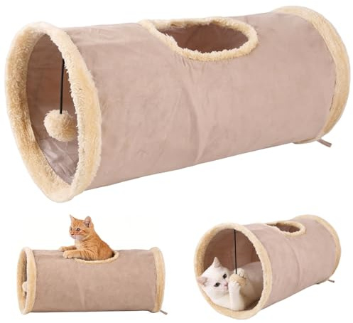 Cat Tunnel,Collapsible cat play tunnel in suede,cat tunnel bed with Hanging Ball Peephole Tube for indoor Cats Dog Rabbits Game Tunnel,cat tunnel outdoor,robust cat toy,Dia 25x50cm