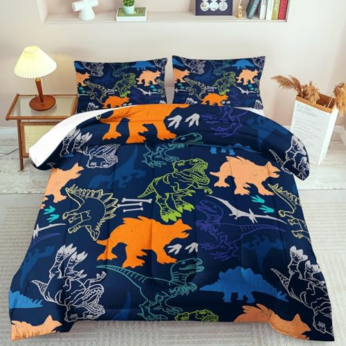 BJCJGGL Sängkläder 135 x 200 blå dinosaurier sängkläder med dragkedjestängning och 2 örngott 80 x 80 cm – mjukt, ventilerande mikrofiber, påslakan för barn och flickor