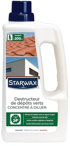 STARWAX - Destructeur de Dépôts Verts Concentré à Diluer - Elimine en Profondeur les Dépôts Verts, Lichens et Algues -Toitures, Murs et Sols - Sans Rinçage -Efficace dès 24h - Fabriqué en France - 1l