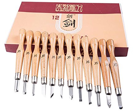 ele ELEOPTION Set di 12 utensili da intaglio in legno SK7 Coltello in acciaio affilato e resistente Strumenti per la lavorazione del legno in acciaio al carbonio Kit da intaglio fatto a mano