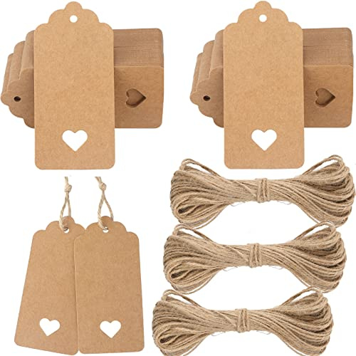 G2PLUS 200PCS Etichette Regalo in Carta Kraft 4.5x9.5CM - Tag Con Spago per Bottiglie, Matrimoni, Compleanni e Natale (Marrone)