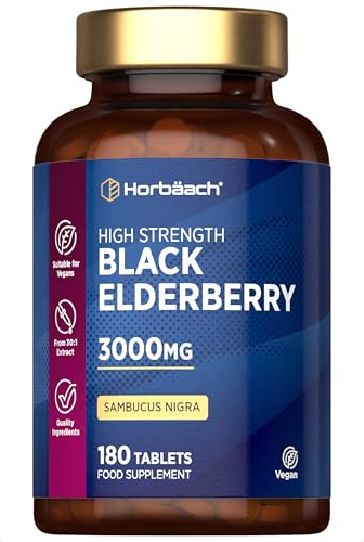 Elderberry Supplement 3000mg | Black Sambucus Nigra Tablets | High Strength Extract | 180 Vegan Tablets | by Horbaach