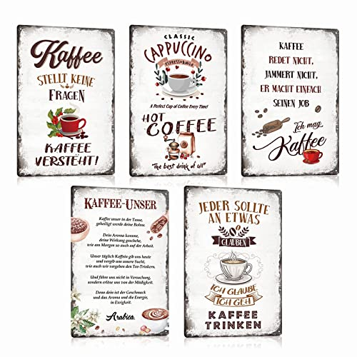5er Set Vintage Blechschild Kaffee - Retro Metallschild mit Spruch - Shabby Chic Cafe Wand-schild Wand-deko Nostalgie Poster Geschenk für Küche Coffee-Bar 20x30cm