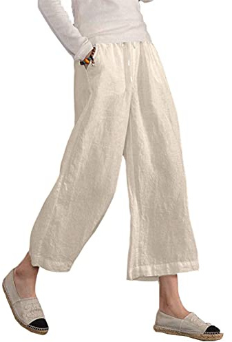 Famulily Womens Summer Wide Leg Elasticated Waist Linen Cropped Trousers Beige M