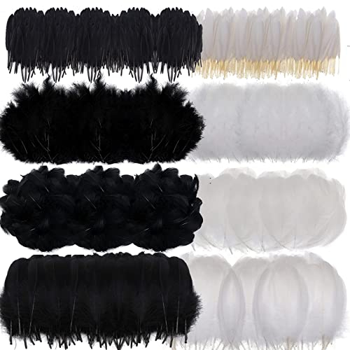 MWOOT 400 Stück Natur Federn Schwarz Weiß, Basteln Deko Bastelfedern, 4 Arten Federn für Traumfänger Faschingskostüme Halloween Masken Weihnachtskranz Ostereier Zubehör, Crafts Feather