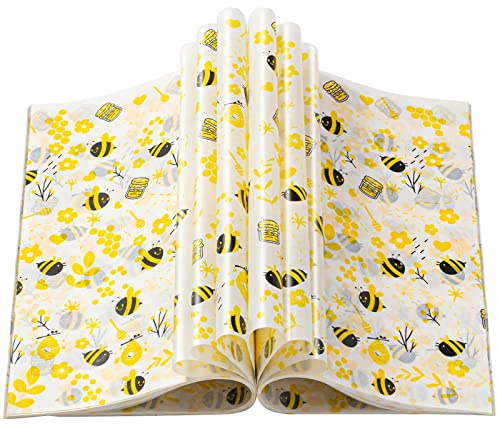 100 Pcs Wax Paper Sheets for Food, Bee Day Wax Paper Sandwich Wrap Deli Wraps, Waterproof Oil-proof Picnic Basket Liners with Bee Pattern for Kitchen
