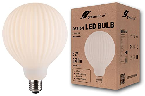 greenandco® dimbar LED dekorativ lampa vintage stil opal (ränder) E27 G125 4W 350lm CRI90+ 3000K (varmvitt) 360° 230V, flimmerfri