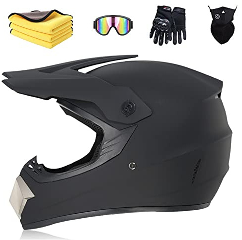 Ruiqieor Casque Moto Casque Cycliste Pour Enfants,Garçon Et Fille Scooter De Ski VTT Casque,Convient Pour Toutes Les Saisons Lunettes Avec Gants (black,S(52-56cm))