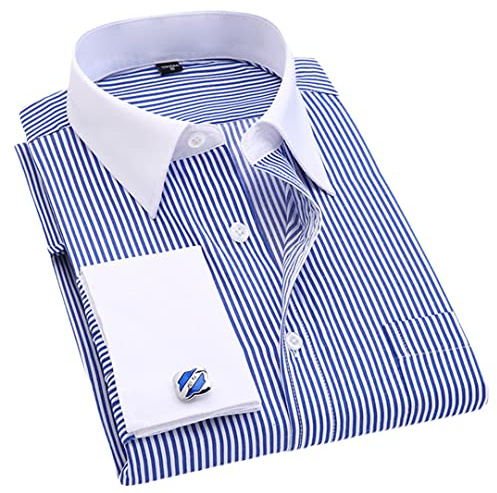 Chemises de costume à col français à rayures pour hommes avec boutons de manchette décontractés à manches longues, design à col blanc pour mariage