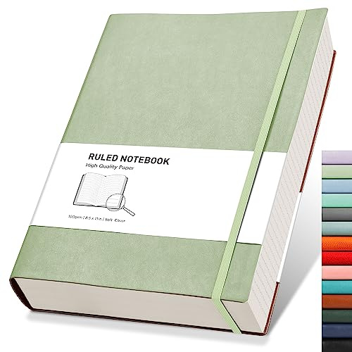 RETTACY A4 Lined Notebook, Softcover Journal, 320 Pages, Light Green | Leather Notepad for Men Women, 100 GSM Thick Ruled Paper, for School Office Writing - 21.5 × 27.9 cm