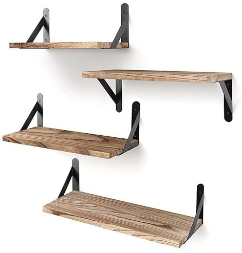 Supernic Set of 4 Floating Shelves 17in Rustic Wooden Shelves Decorative Wall Shelf Brackets Storage Book Shelves for Screw Mounted Shelf Bedroom, Bathroom, Living Room, Kitchen, Home Office