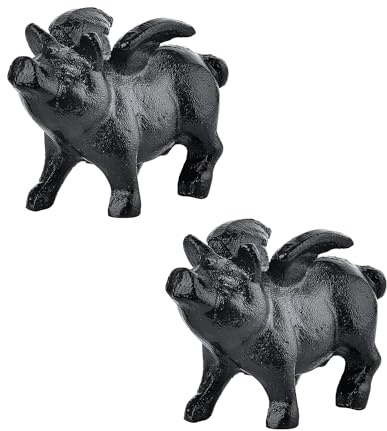 Sungmor Skurrile gjutjärn staty med flygande gris, 2 stycken, rustik, svart, söt liten gris, brevtyngre, trädgårdssamling, figur, hemmakontor, skrivbord, prydnad, för