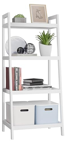SMIBUY Bambusleiter-Bücherregal, Badezimmer-Aufbewahrungsregal-Organizer, freistehender Pflanzenständer Platzsparende Regale für Schlafzimmer, Küche, Balkon (Weiß, 4 Ablagen (99cm H))