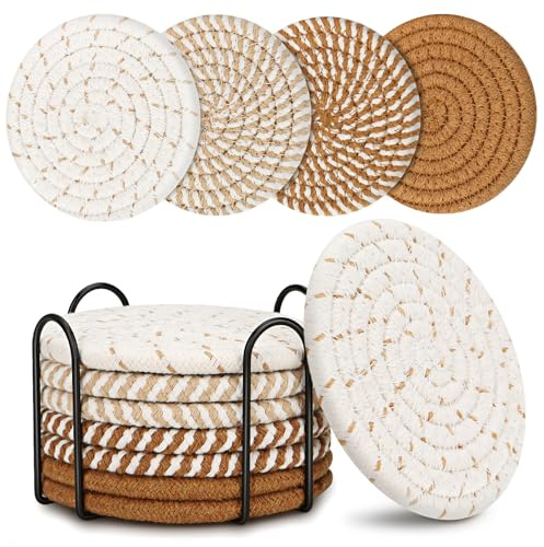 Coasters for Drinks, Coasters Set of 4 - Color, 8 Pack Coaster Set, Boho Coaster with Holder, Coffee Table Decor, Living Room Decor, Kitchen Table Decor