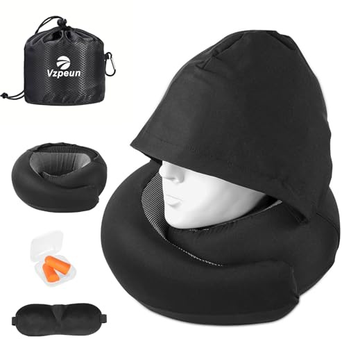 Vzpeun Travel Pillow - Hooded Neck Pillow Airplane Memory Foam Filling for Plane, Office, Cars Sleeping, Road Trip, Long Flights, Airplane Travel Essentials, Includes Eye Mask & Earplugs (Black)