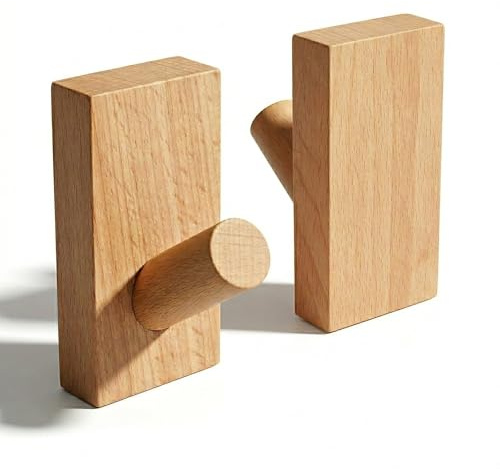 XAQAMY 2 Piezas Ganchos de Pared de Madera: Colgador Adhesivo a 45° - Perchero para Paneles Acústicos, Toallas y Sombreros Sin Taladrar, Haya Natural