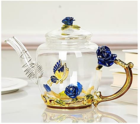 Tea Set Tea Service 7pcs Enamel Tea Cup Set Glass Teapot European Style Home 6 Flower Cup Business Simple Tea Set Tea Set for Adults(Blue Rose)