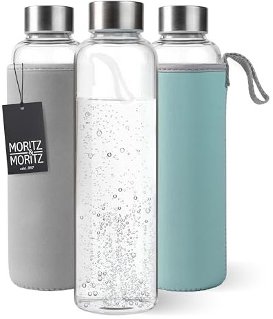 Moritz & Moritz Gourde en verre 500 ml – Convient pour les boissons gazeuses et anti-fuite – Bouteille en verre pour le sport, l'école, l'université ou le travail – Avec housse de protection