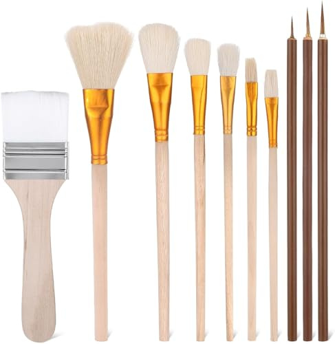 Heyumybit 10 Pcs Pottery Glaze Brushes,Glazing Goat Hair Blending Brush,Ceramics Tools Set,Watercolor Wool Brush,Pottery Wool Art Paintbrush Tool for Oil Pottery Acrylic