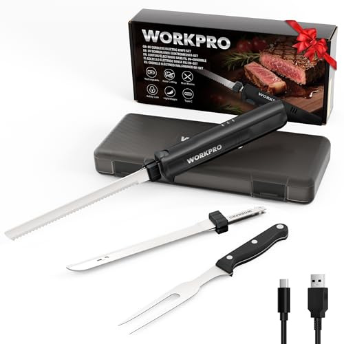 WORKPRO Coltello Elettrico Senza Fili 8V, Coltello da Pane Elettrico con 2 Lame in Acciaio Inossidabile e Forchetta, Lavabile in Lavastoviglie, Perfetto per Tagliare Carne, Pane e Altro, Nero