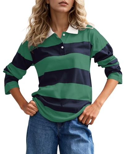 calbatic Rugby Striped Polo Shirt for Women Long Sleeve Lapel Collar T Shirt Color Block Casual Loose Pullover Tops Blue Green