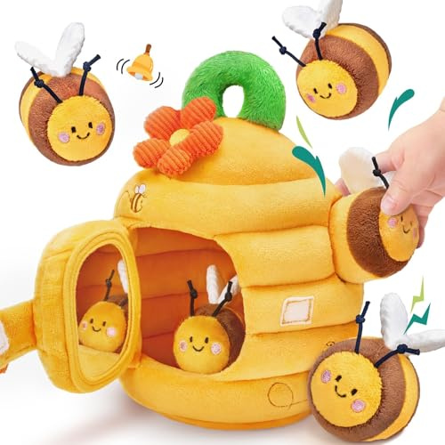Jouets pour Bébés de 6 À 12 Mois, Ruche Amusante avec 5 Abeilles Sensorielles en Peluche, Hochet, Miroir Froissé, Jouets Montessori pour Bébés, Cadeaux d'anniversaire Et de Noël D