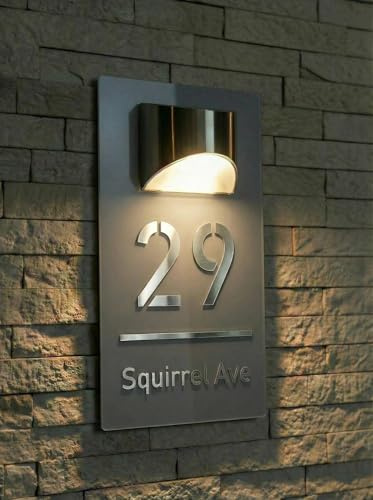 Modern Solar House Number Sign for Outside, Waterproof LED Illuminated Address Plaque with Street Name, Personalized Custom Lighted Address Sign for Yard, Front Door, Patio(Gray-Silver)