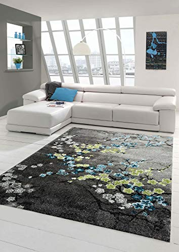 Designer Teppich Moderner Teppich Wohnzimmer Teppich Blumenmotiv Grau Türkis Grün Weiss Größe 160x230 cm