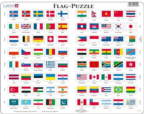 Larsen L2 Country Flags Jigsaw Puzzle - 80 Pieces - Educational Geography Puzzle for Kids 7+ - Quiz Style, Boxless Tray & Frame