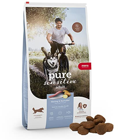 MERA Pure Sensitive Hering & Kartoffeln, Hundefutter trocken mit viel frischem Fisch, gesundes Trockenfutter getreidefrei für ausgewachsene Hunde (12,5 kg)