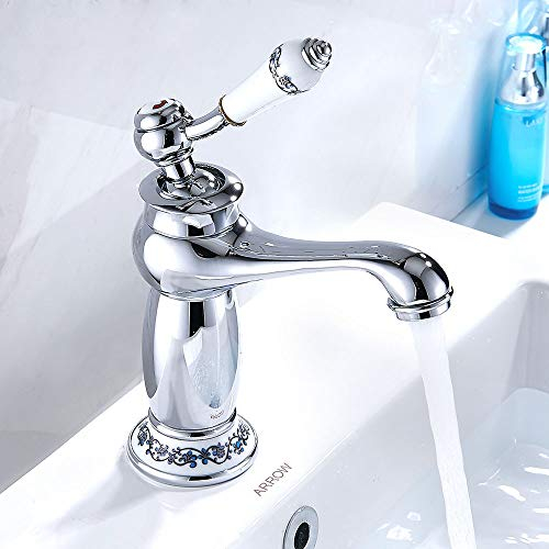 Miscelatore Lavabo Bagno Ottone Cromato Vintage Anticato Monocomando in Ceramica per Bagno Lavabo (Argento)