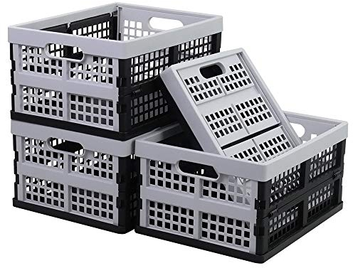 Jandson 16 L Plastic Folding Storage Crate, Black and Gray Collapsible Box, 4 Packs