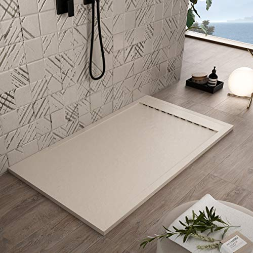 Luminosa ArredoBagno Plato de ducha resina 80 x 90 cm – Efecto piedra antideslizante con gel – Modelo Luxury Crema – Parrilla de color liso y desagüe incluidas