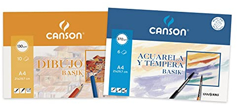 Canson - 1 Minipack A4 de 10 hojas Dibujo Basik 130 g y 1 Minipack A4 de 6 hojas Acuarela Basik 370 g