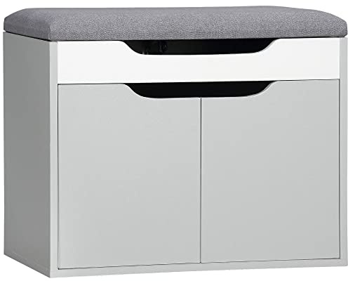 HOMCOM Shoe Bench with Cushion, Modern Storage Bench with Padded Seat, 2-tier Cabinet, Hidden Storage, Adjustable Shelf for Living Room and Entryway, Light Grey