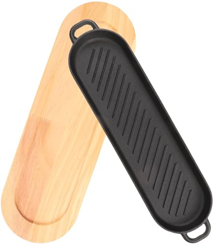 PRETYZOOM Plancha para Bistec de Hierro Fundido Doble Oreja 32x12 Cm con Base de Madera para Asar Carne en Restaurante y Hogar, Sartén para Cocinar y Bandeja Servir Comida