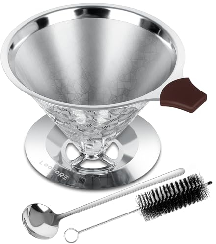 LOOFORE Kaffeefilter, Pour Over Kaffeefilter aus Edelstahl, Papierloser Kaffeefilter Wiederverwendbar Kaffee Coffee Filter von Manuellem Kaffee, 3-4 Tassen mit Reinigungsbürsten und Löffel