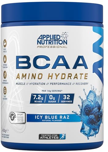 Applied Nutrition BCAA Powder - Branched Chain Amino Acids BCAAs Supplement, Amino Hydrate Intra Workout & Recovery Energy Drink (450g - 32 Servings) (ICY Blue Raz)