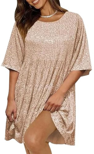 QKCQQTS Vestido Babydoll con Capas de Lentejuelas, Vestidos Sueltos con Purpurina de Corte A, Vestido de Verano con Purpurina Brillante para Mujer de Manga Corta (XXL,Gold)