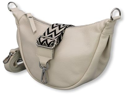 Adel Bags Halbmond Tasche Damen Echtleder Banana Bag DIANA Handgemachte Umhängetasche Crossbody Bag mit Ledergurt + Breitem Gemustertem Riemen 4 Fächer Schultertasche Made in Italy (Beige)