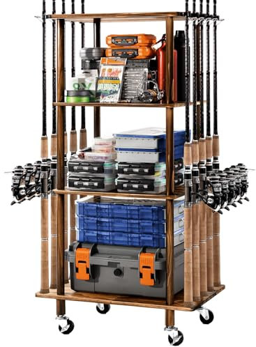 Ghosthorn Fishing Rod Holders for Garage Fishing Pole Rack Hold up to 10 Rods Fishing Pole Holders Wooden Organizer Fishing Rod Rack car Fishing Gear Storage Equipment (Carbonization，4 Tier)