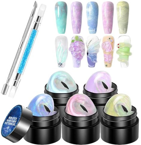 Gel de uñas 3D, gel de moldeo 3D para uñas - 5 colores Builder Solid Builder Diseños de uñas Gel de escultura,Kit de herramientas antiadherente, juego de manicura con bolígrafo para moldeo, construcci