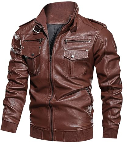 Giubbotto Pelle Uomo, Vintage Giacca da Moto in Ecopelle con Cerniera Autunnale Invernale Bomber Giacca on Zip Giubbotto Antivento Motociclista Giacca Moto Pelle Giacca Lunga Giacca Uomo Elegante